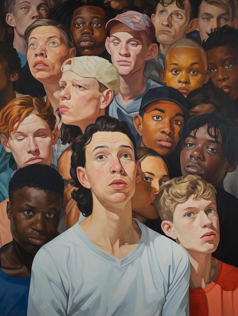 Foto una pintura de un grupo de personas con rostros en la pared