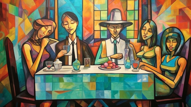 Una pintura de un grupo de personas sentadas en una mesa con una ventana de vidrio detrás de ellos.