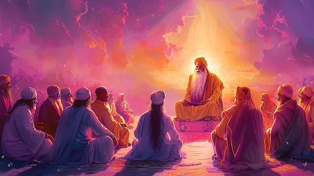 una pintura de un grupo religioso con una puesta de sol en el fondo
