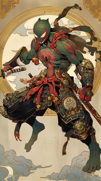 una pintura de un guerrero con una espada en la mano