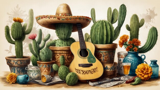 Foto una pintura de una guitarra y un cactus y cactus