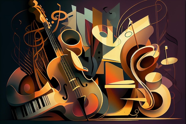 Una pintura de una guitarra y un piano con notas musicales.