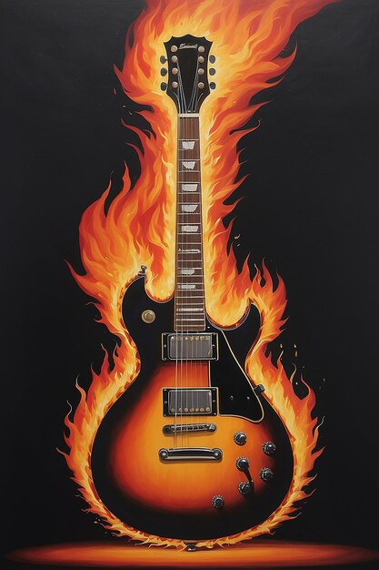 Una pintura de una guitarra que tiene llamas en ella