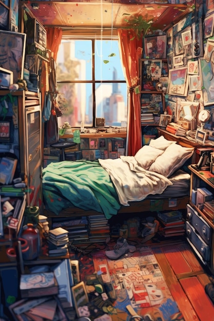 Una pintura de una habitación con una cama y muchos libros en la pared.