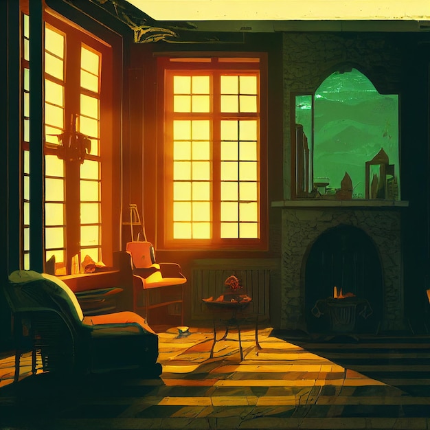 Una pintura de una habitación con una chimenea y una silla frente a ella.