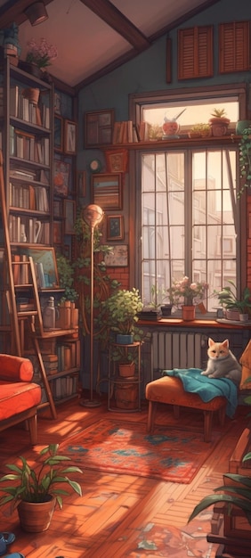 Una pintura de una habitación con un gato en una silla y un estante para libros con una librería.