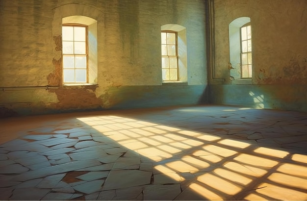 Una pintura de una habitación con luz brillando a través de las ventanas.