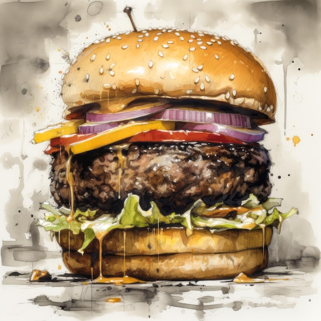 Pintura de hamburguesa jugosa con fondo abstracto