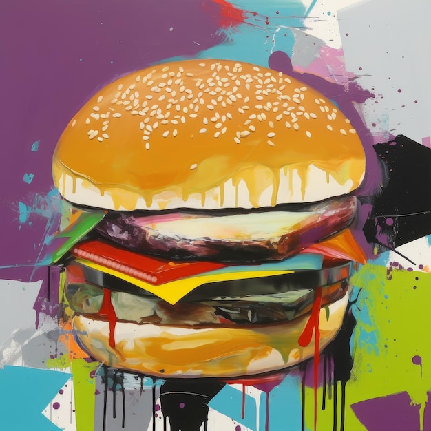 Pintura de hamburguesa jugosa con fondo abstracto