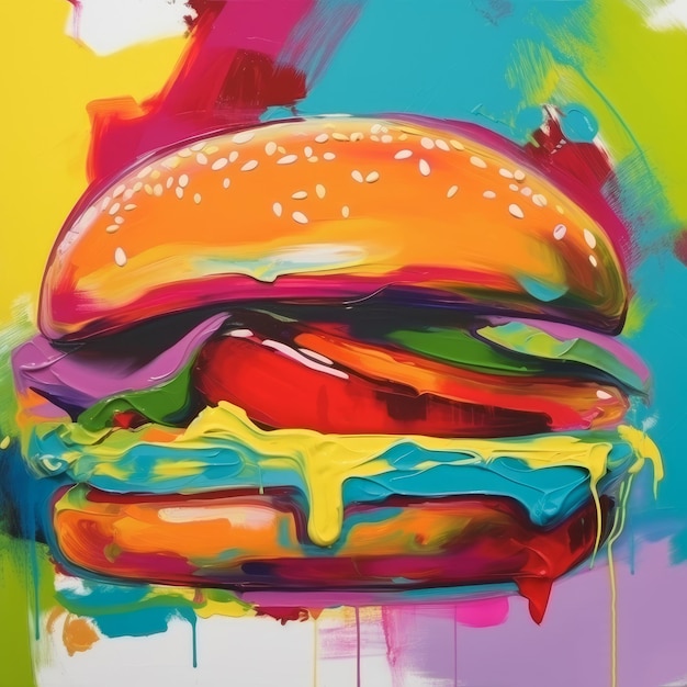 Pintura de hamburguesa jugosa con fondo abstracto