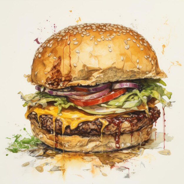 Pintura de hamburguesa jugosa con fondo abstracto