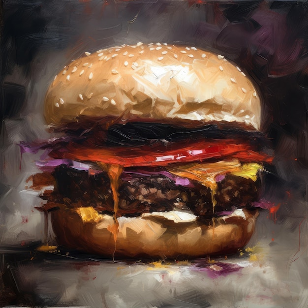 Pintura de hamburguesa jugosa con fondo abstracto