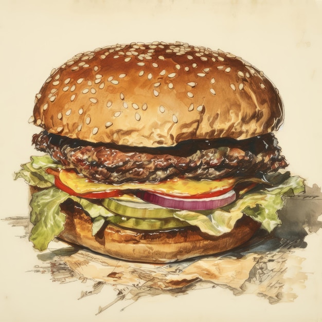 Pintura de hamburguesa jugosa con fondo abstracto