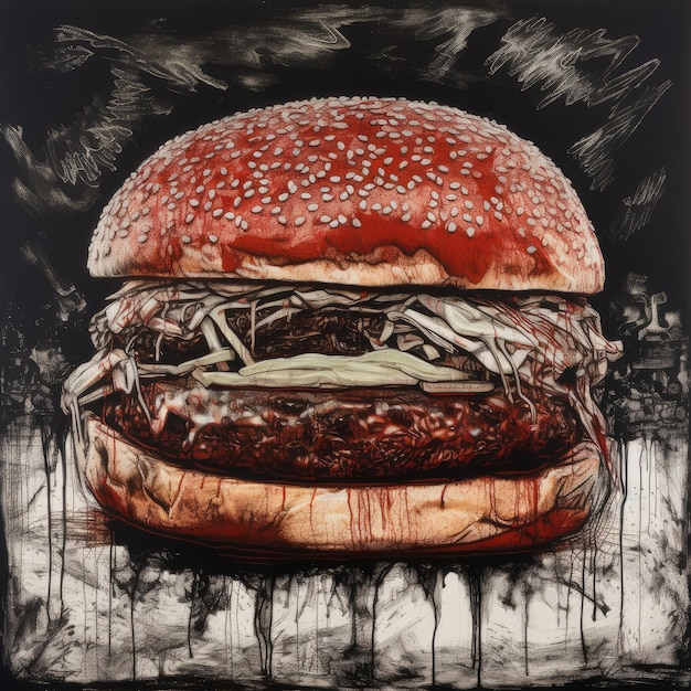 Foto pintura de hamburguesa jugosa con fondo abstracto