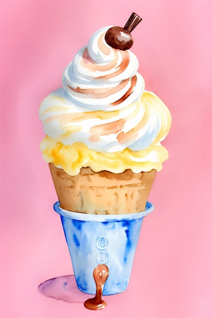 Una pintura de un helado Sundae sobre un fondo rosa