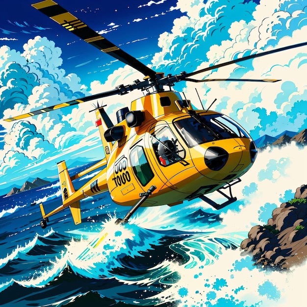 Una pintura de un helicóptero sobre el océano.