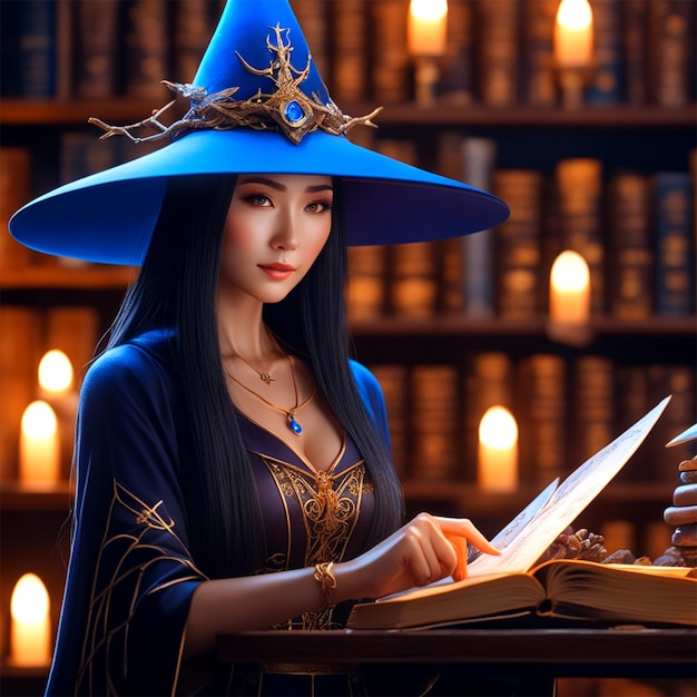 Pintura de una hermosa bruja anime cinematográfico renderizado iluminación ambiental librería mágica foco fino