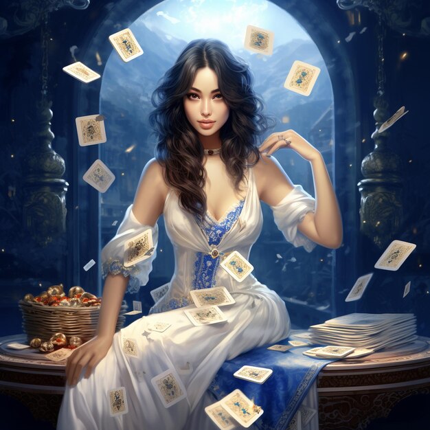 Pintura de una hermosa dama con un vestido blanco sosteniendo una tarjeta de juego