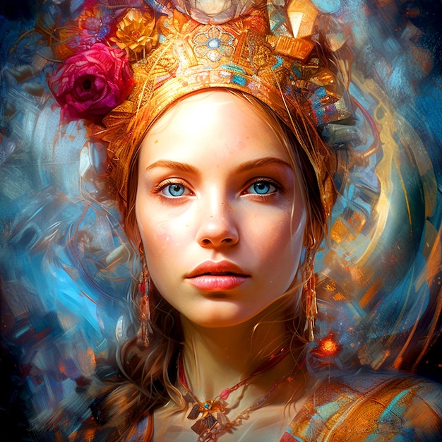 Pintura de una hermosa niña con corona real colorida