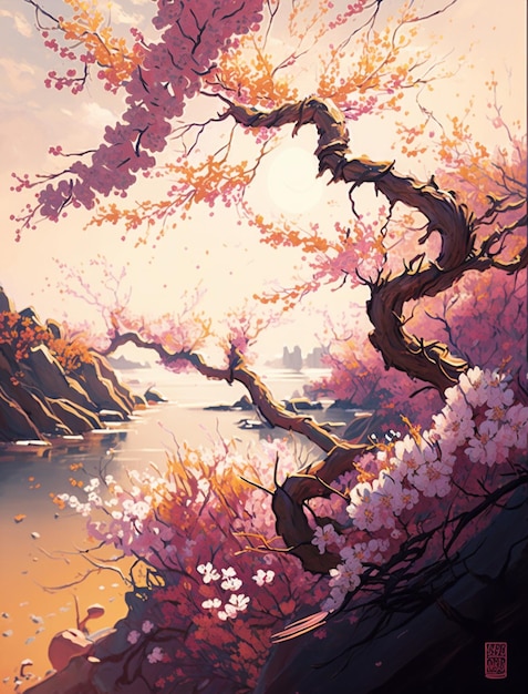 Una pintura de un hermoso cerezo en flor con un río al fondo.