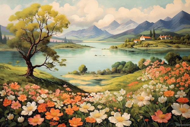 Pintura de un hermoso paisaje con un lago y flores generativo ai