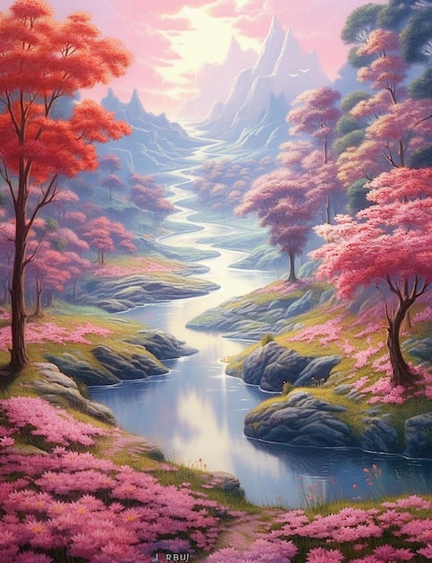 Pintura de un hermoso paisaje de montaña con un río y árboles ai generativo.