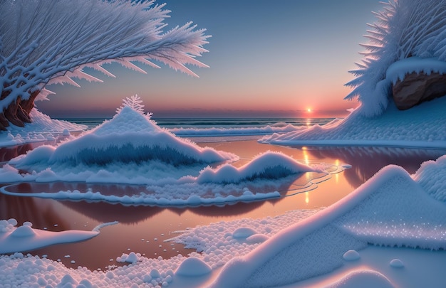 Una pintura de hielo y un atardecer con un cielo rosa