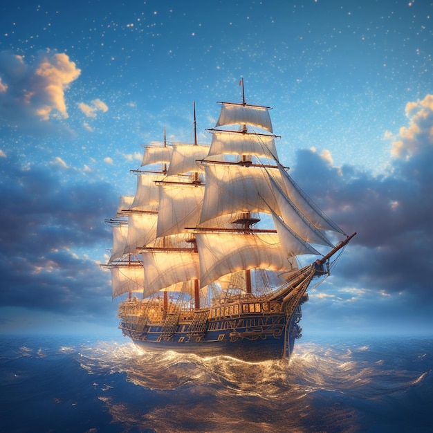 Pintura hiper-realista de um navio vintage dourado claro navegando no belo mar