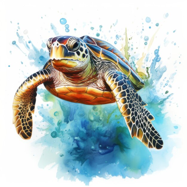 Pintura hiperrealista en acuarela de una tortuga marina con alto contraste