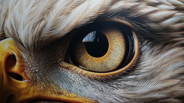 Foto pintura hiperrealista de olho de águia em ouro escuro e branco