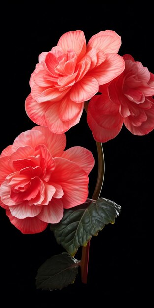 Pintura hiperrealista de flores de begonia sobre un fondo negro