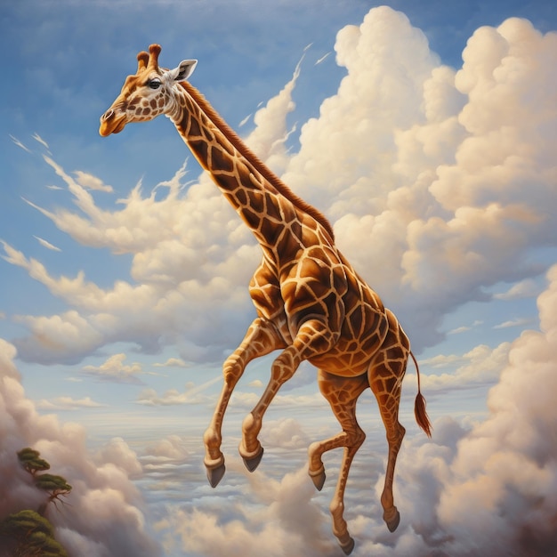 Pintura hiperrealista de una jirafa volando sobre un cielo nublado