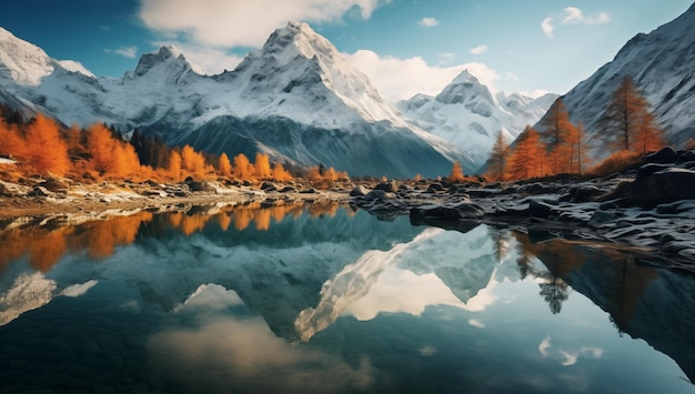 Pintura hiperrealista de lagos y montañas que se reflejan en el agua Un impresionante paisaje de invierno