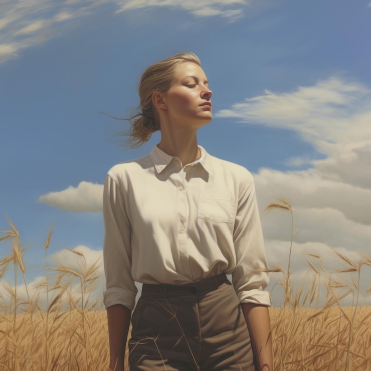 Pintura hiperrealista de una mujer en un campo de trigo con un cielo azul claro