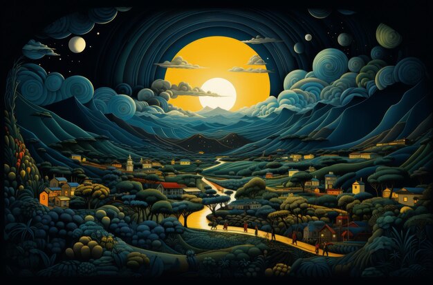 Una pintura hipnotizante que muestra una escena nocturna serena iluminada por una luna llena radiante