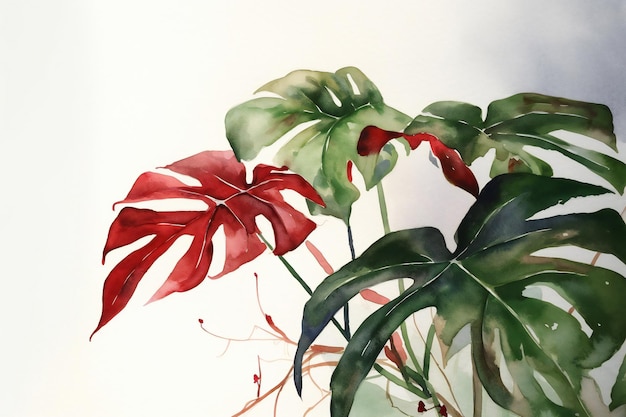 Una pintura de una hoja con hojas rojas y verdes.