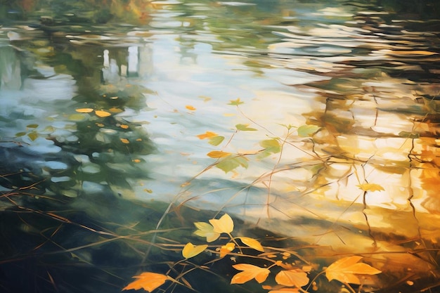 Una pintura de hojas de otoño en un lago.