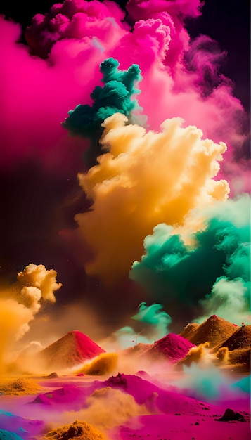 La pintura de Holi vuela en la forma de un fondo de nube