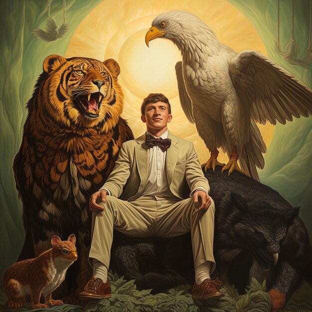 Foto una pintura de un hombre y un águila con un pájaro y un pájario