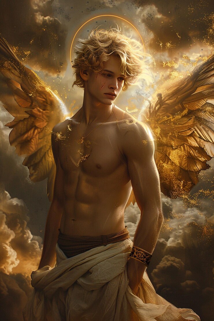 pintura de un hombre con alas de ángel doradas y un halo generativo ai