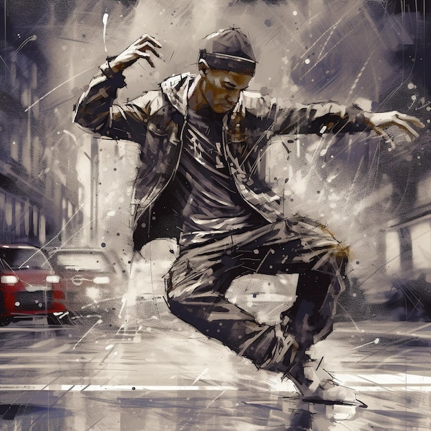 Una pintura de un hombre bailando bajo la lluvia.