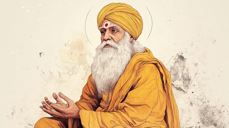 Foto una pintura de un hombre con una barba blanca y un turbante amarillo en la cabeza