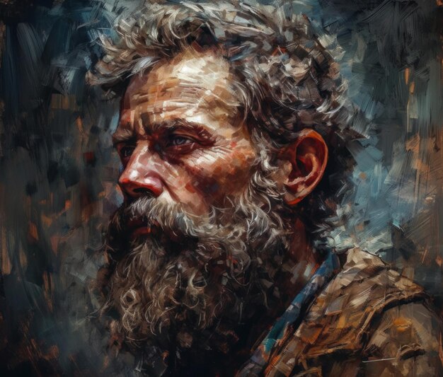 Una pintura de un hombre con barba y una camisa marrón.