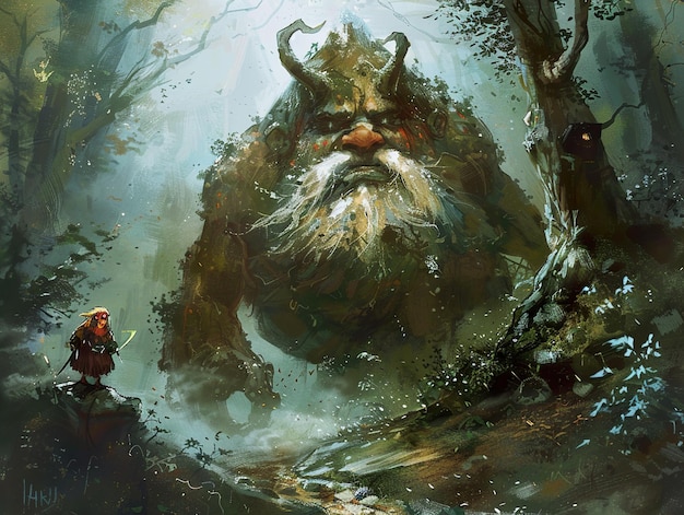 una pintura de un hombre barbudo y un árbol con una barba