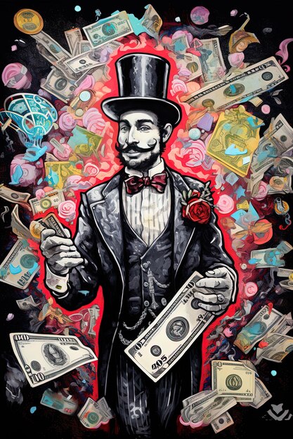 una pintura de un hombre con un billete de un dólar y un billette de un dólar