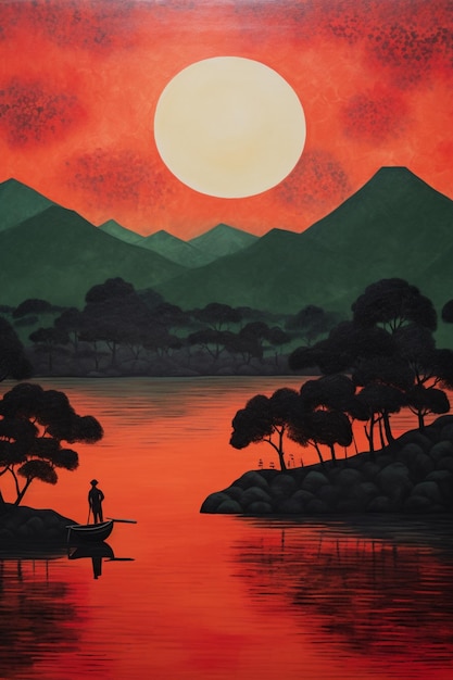 Foto pintura de un hombre en un bote en un lago con una puesta de sol de fondo ai generativo