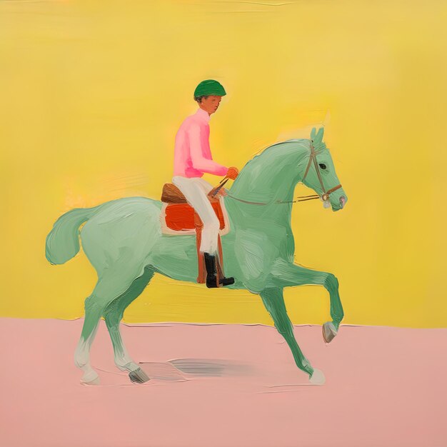 una pintura de un hombre en un caballo con un sombrero verde en