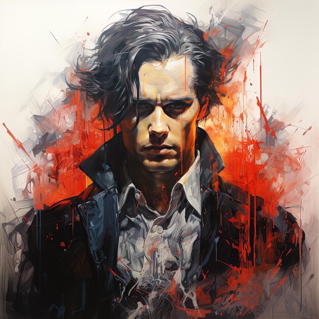 una pintura de un hombre con cabello oscuro y una camisa roja y negra.