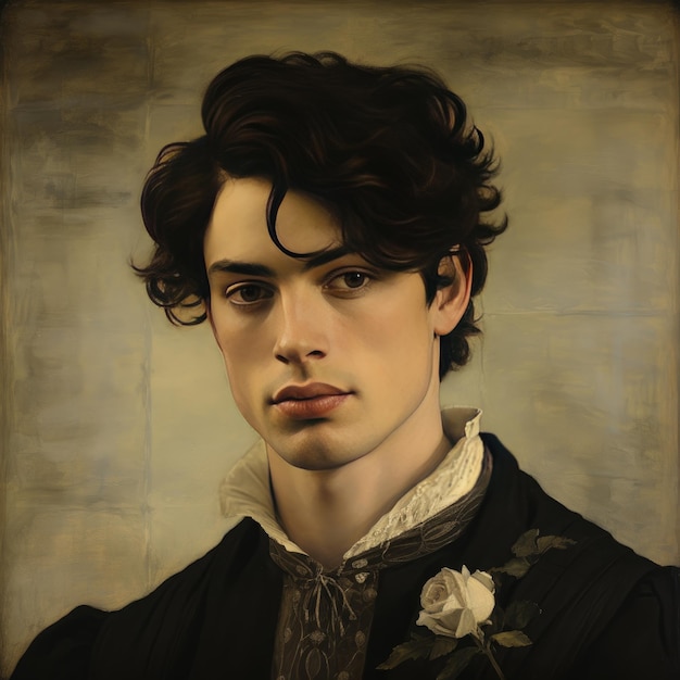 una pintura de un hombre con el cabello rizado y una camisa de flores.