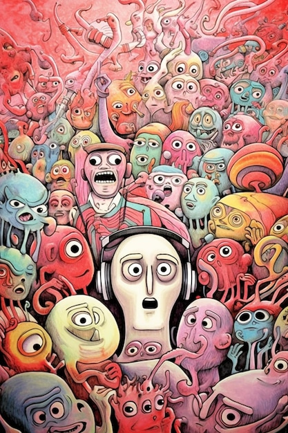 Una pintura de un hombre con cabeza en una multitud de muchas otras personas.